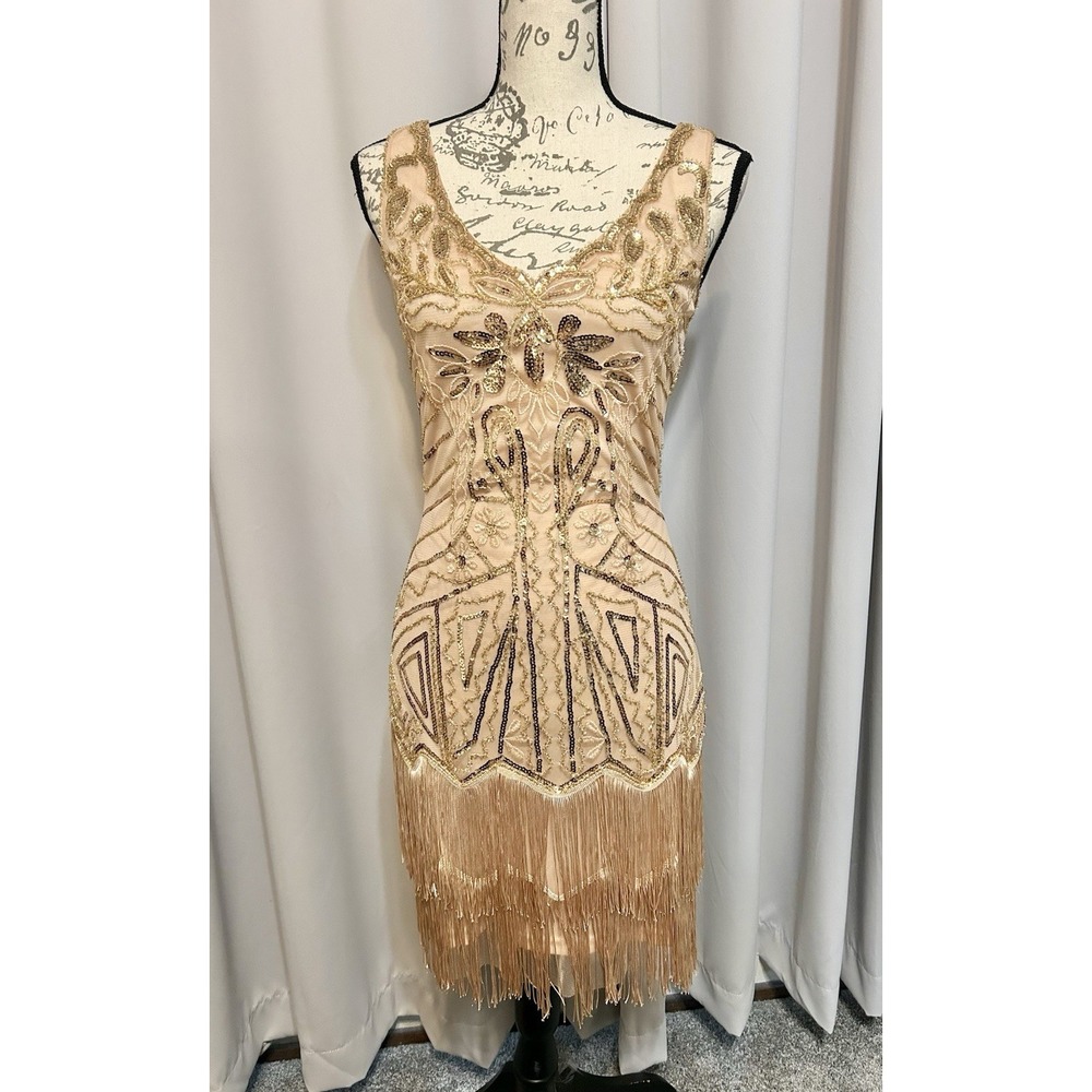 New 1920s Style Gold Sequin Fringed Flapper Dress Gatsby BABEYOND